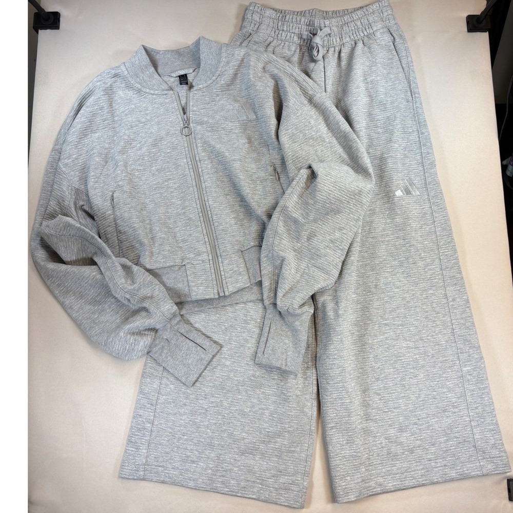 Adidas ALL SZN Rib Set Womens S XS Gray Crop Jacket Wide Leg Pants Athleisure
